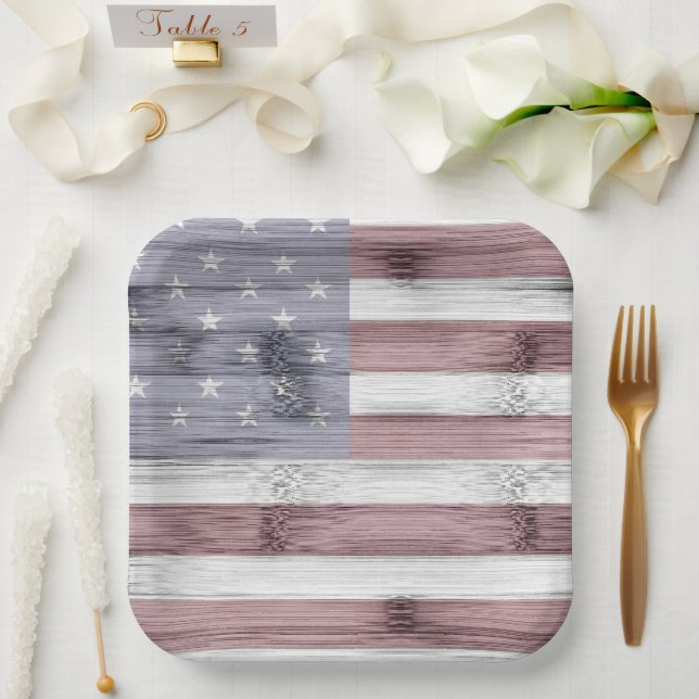 Rustic Red White Blue Wood USA Fahne Amerika Pappteller (Hochzeit)