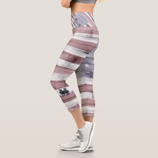 Rustic Red White Blue Wood USA Flag Monogram Capri Leggings (Links)