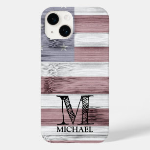 Rustic Red White Blue Wood USA Flag Monogram Case-Mate iPhone 14 Hülle