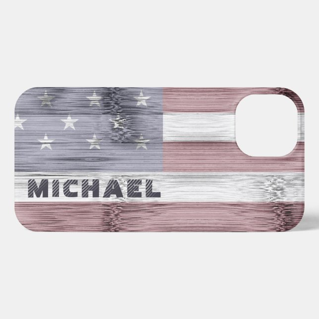Rustic Red White Blue Wood USA Flag Monogram iPhone Hülle (Rückseite (Horizontal))