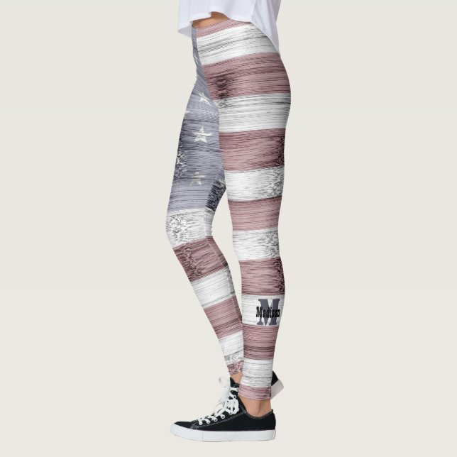 Rustic Red White Blue Wood USA Flag Monogram Leggings (Links)