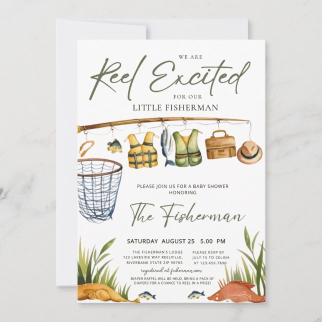 Rustic Reel Excited Little Fisherman Baby Shower  Einladung (Vorderseite)