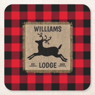 Rustic Reindeer Red Buffalo Kariert Familienname Rechteckiger Pappuntersetzer