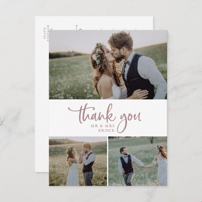 Rustic Rose Gold 3 Foto Collage Wedding Vielen Dan Postkarte (Vorne/Hinten)