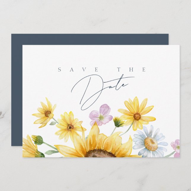 Rustic Royal Blue Opulence Sonnenblumen Hochzeit Save The Date (Vorne/Hinten)