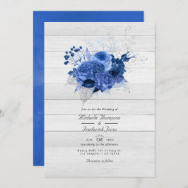 Rustic Royal Blue & Silver Floral QR Code Wedding Einladung