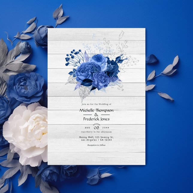 Rustic Royal Blue & Silver Floral Wedding Einladung (Von Creator hochgeladen)