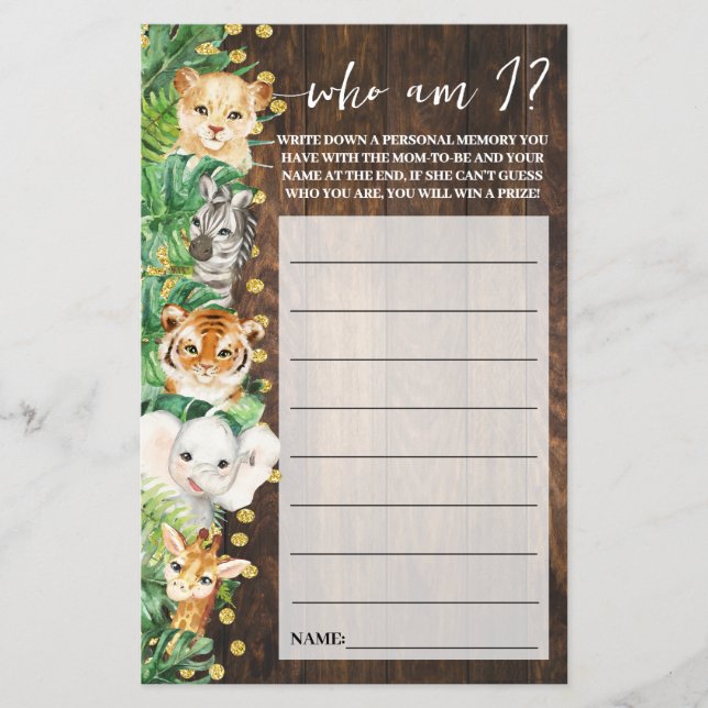 Rustic Safari Wer bin ich Baby Showgame Card Flyer (Vorne)