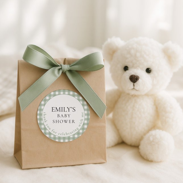 Rustic Sage Gingham Vielen Dank Baby Dusche Runder Aufkleber (Von Creator hochgeladen)