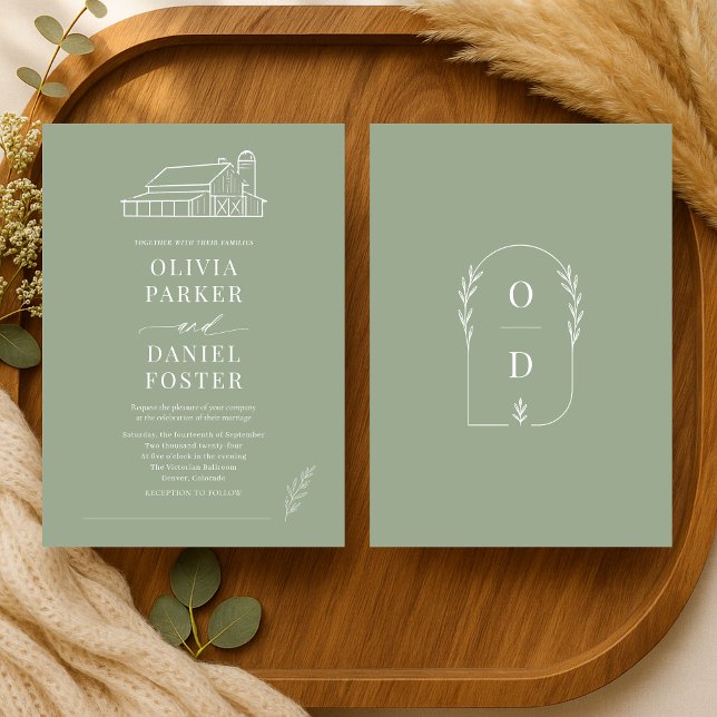 Rustic Sage Green Barn Farmhouse Wedding Einladung (Von Creator hochgeladen)