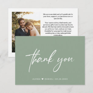 Rustic Sage Green lässig Script Hochzeit Foto Dankeskarte