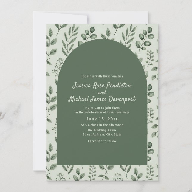 Rustic Sage Green Leaves Arch Photo Wedding Einladung (Vorderseite)