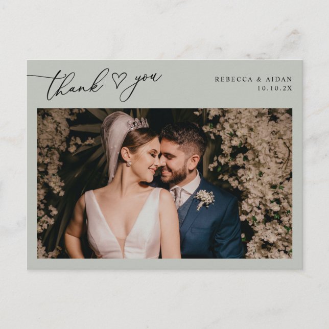 Rustic Sage Script Heart Wedding Foto Vielen Dank Postkarte (Vorderseite)