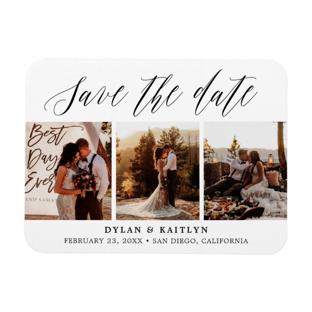 Rustic Script Drei Fotos Save-the-Date-Karte Magnet (Horizontal)