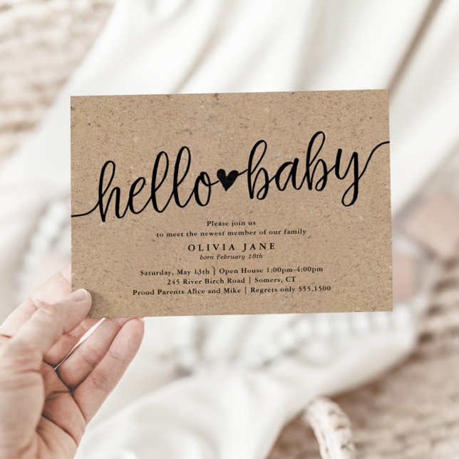 Rustic Script Kraft Hello Baby Sip und See Dusche Einladung (Von Creator hochgeladen)