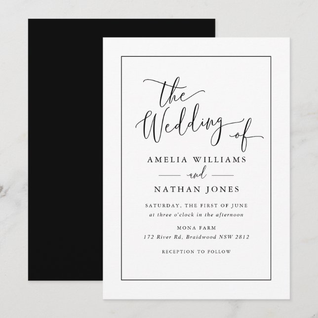 Rustic Script Schwarz Weiß Hochzeit   Einladung (Vorne/Hinten)