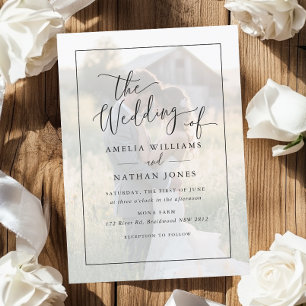 Rustic Script Weiß Schwarz Foto Hochzeit Einladung