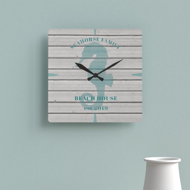 Rustic Seahorse Family Beach House Wall Clock Quadratische Wanduhr (A rustic seahorse clock with space for your family name, beach house and year established)