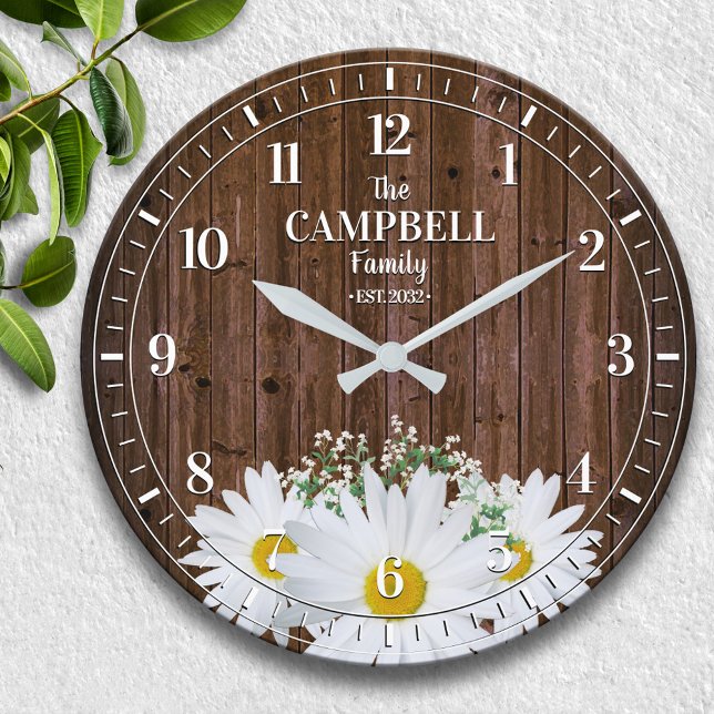 Rustic Shasta Daisy und Name der Holzfamilie Große Wanduhr (Von Creator hochgeladen)