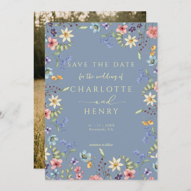 Rustic Simple Dusty Blue Foto Wedding Save The Date (Vorne/Hinten)