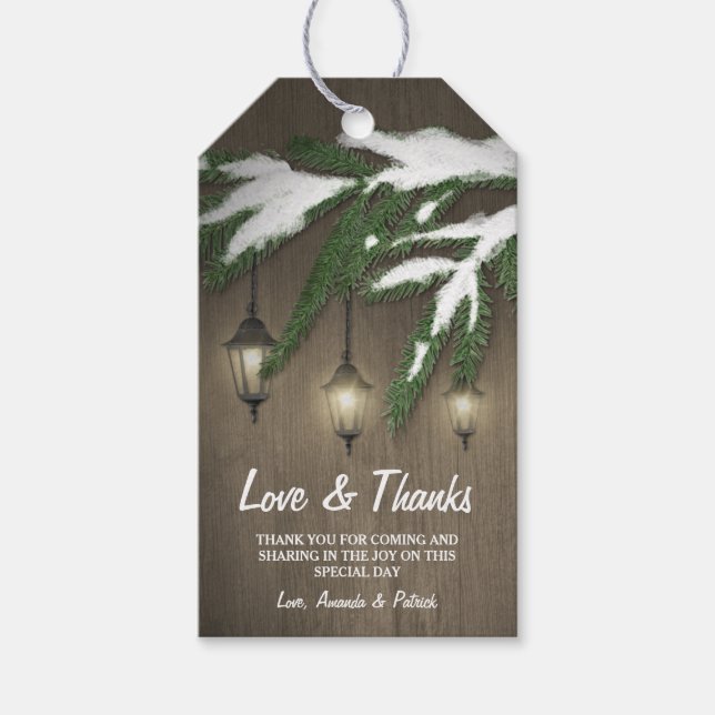 Rustic Snow Evergreen Lantern Wedding Vielen Dank Geschenkanhänger (Vorderseite)
