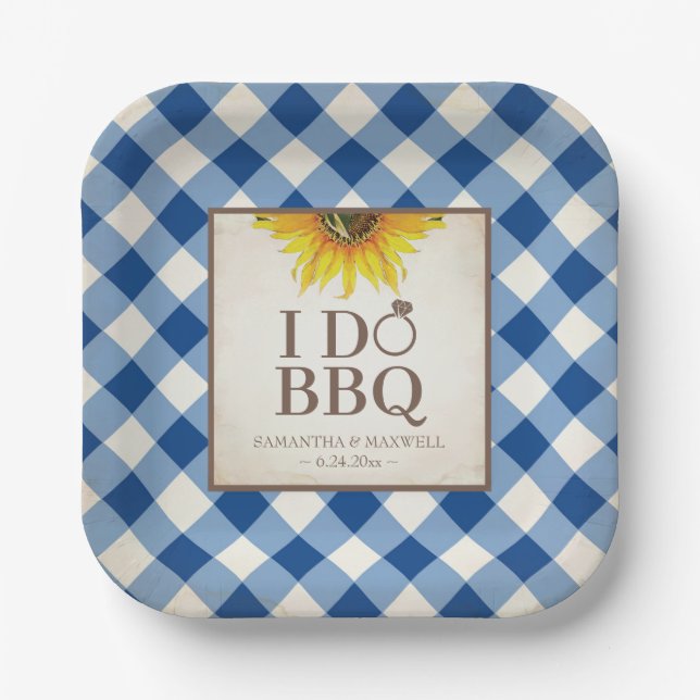 Rustic Sonnenblume Blue Gingham I Do GRILLEN Pappteller (Vorderseite)