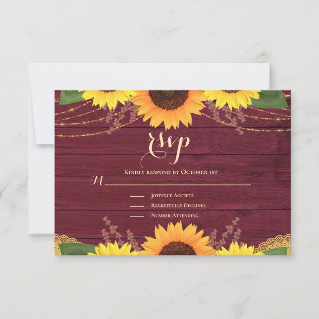 Rustic Sonnenblume Burgundy Gold Lace Wedding RSVP Karte (Vorderseite)