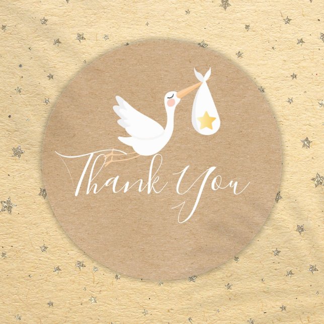 Rustic Stork Gold Star Kinderdusche Vielen Dank Runder Aufkleber (Rustic Stork Gold Star Baby Shower Thank You Classic Round Sticker)