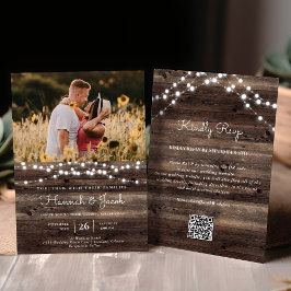 Rustic String Light Barn Wood QR Code UAWG Wedding Einladung