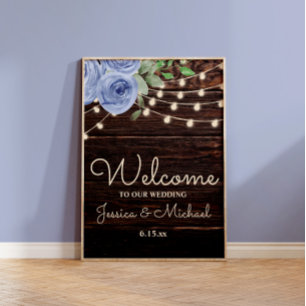 Rustic String Lights Blue Floral Wedding Willkomme Poster