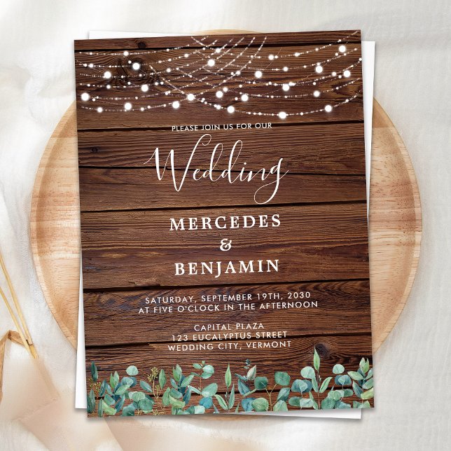 Rustic String Lights Eucalyptus County Wedding Postkarte (Von Creator hochgeladen)