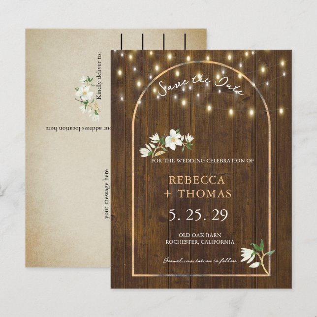 Rustic String Lights Gold Arch Magnolia Ankündigungspostkarte (Vorne/Hinten)