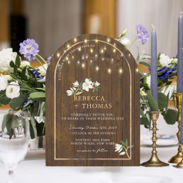 Rustic String Lights Gold Arch Magnolia Wedding Einladung