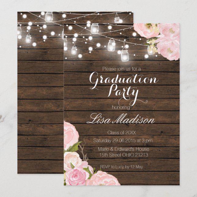 Rustic String Lights Graduation Party Card Summer Einladung (Vorne/Hinten)