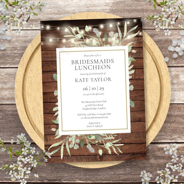 Rustic String Lights Greenery Bridesmaids Luncheon Einladung (Rustic String Lights Greenery Bridesmaids Luncheon Invitation)