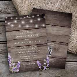 Rustic String Lights Lavender QR Code Wedding Einladung