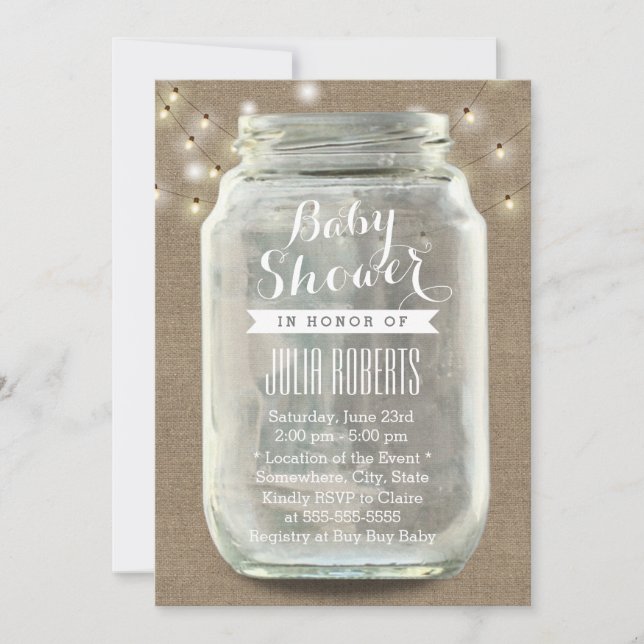 Rustic String Lights Mason Jar Burlap Baby Dusche Einladung (Vorderseite)