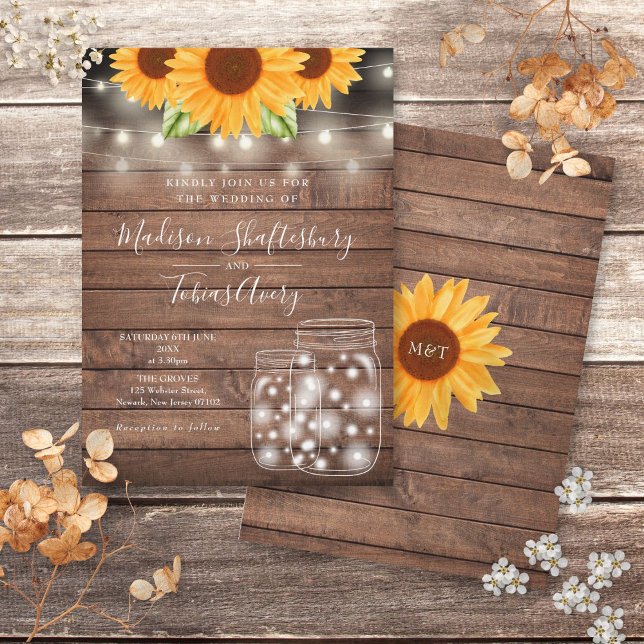 Rustic String Lights Mason Jar Sonnenblumen Hochze Einladung (Rustic String Lights Mason Jar Sunflowers Wedding Invitation)