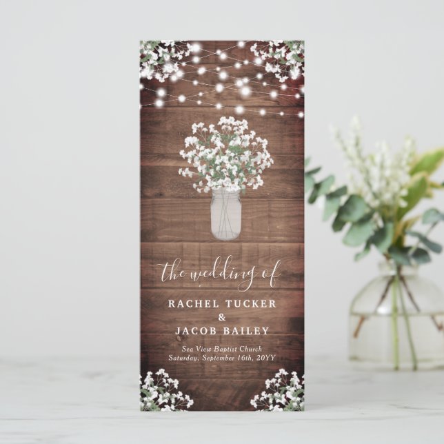Rustic String Lights Mason Jar Wedding Programm (Stehend Vorderseite)