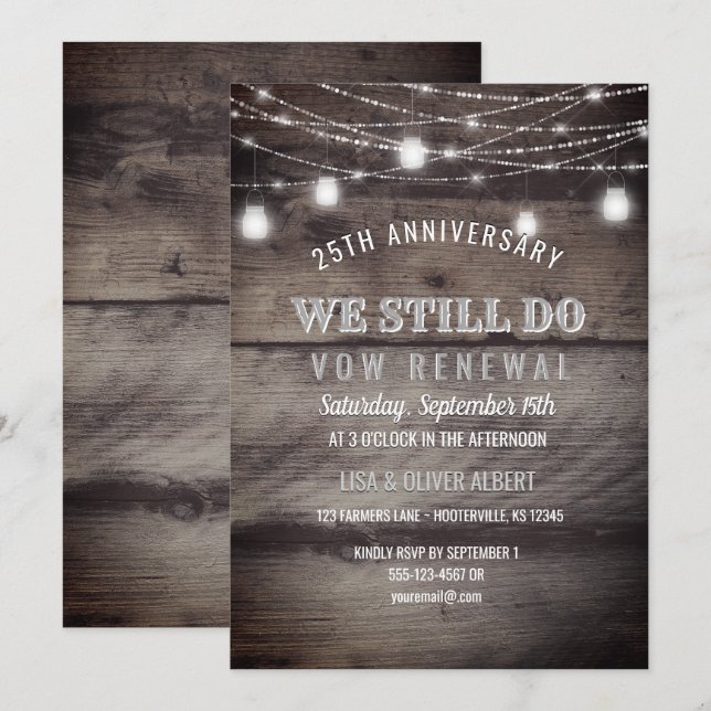 Rustic String Lights Mason Jar Wood Vow Renewal Einladung (Vorne/Hinten)