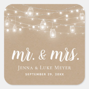 Rustic String Lights Mr. und Mrs. Wedding Monogram Quadratischer Aufkleber
