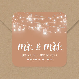 Rustic String Lights Mr. und Mrs. Wedding Monogram Quadratischer Aufkleber