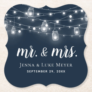 Rustic String Lights Mr. und Mrs. Wedding Monogram Untersetzer