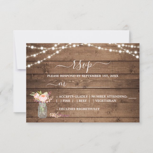 Rustic String Lights Peony Wedding RSVP Karte (Vorderseite)