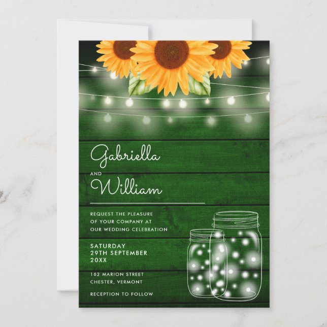Rustic String Lights Sonnenblume Mason Jars Weddin Einladung (Vorderseite)