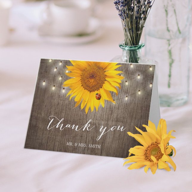 Rustic String Lights & Sunflower Wedding Vielen Da Dankeskarte (Von Creator hochgeladen)