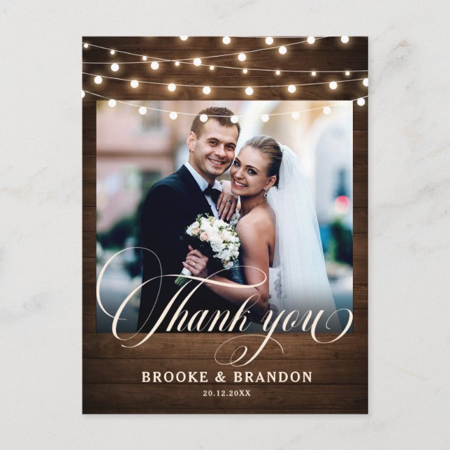 Rustic String Lights Wedding Danke Postkarte (Vorderseite)