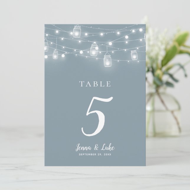 Rustic String Lights Wedding Table Numbers (Stehend Vorderseite)
