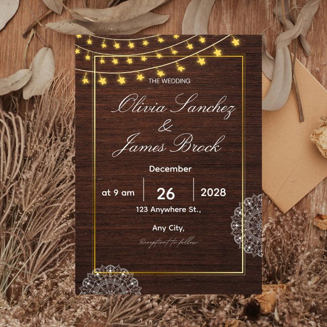Rustic String Lights Wood Wedding Invitation, Boho Einladung (Von Creator hochgeladen)