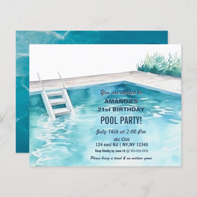 Rustic Summer Swimming Pool Party Birthday  Invite (Vorne/Hinten)